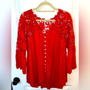 Red Lace Button-Up Blouse